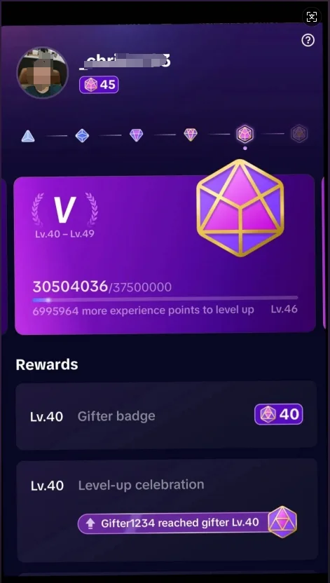 TikTok-Konto mit Gifter-Badge Level 45 Mieten — Screenshot 1