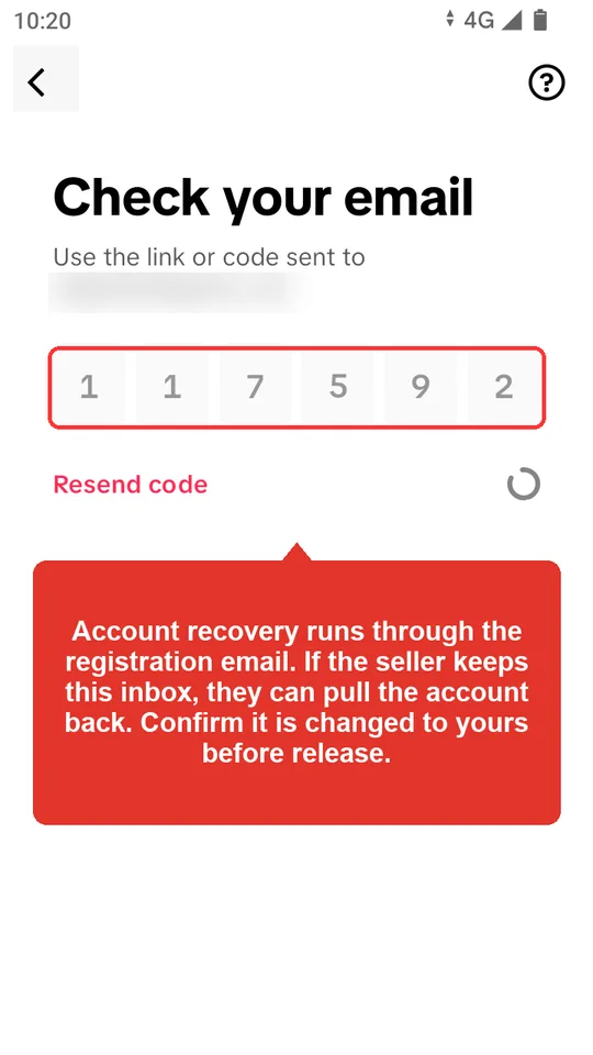 TikTok email verification screen with the 6-digit code field highlighted, illustrating how the registration email controls account recovery