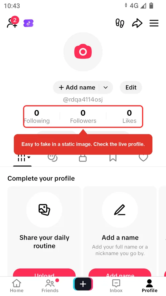 Annotated real TikTok profile screen with the following, followers, and likes counts circled in red as the numbers a faked screenshot inflates.
