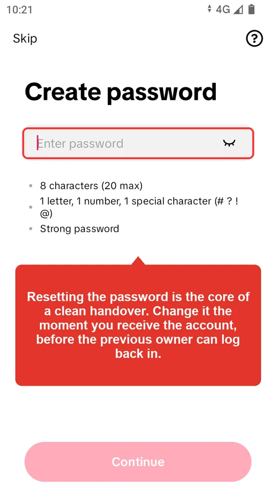 TikTok create-password screen with the password field highlighted, showing the credential reset step in an account handover