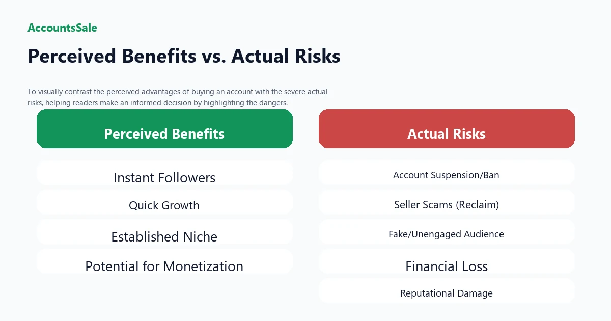 Comparison table showing perceived benefits versus actual risks of buying a TikTok account, highlighting dangers like scams, account bans, and fake followers.