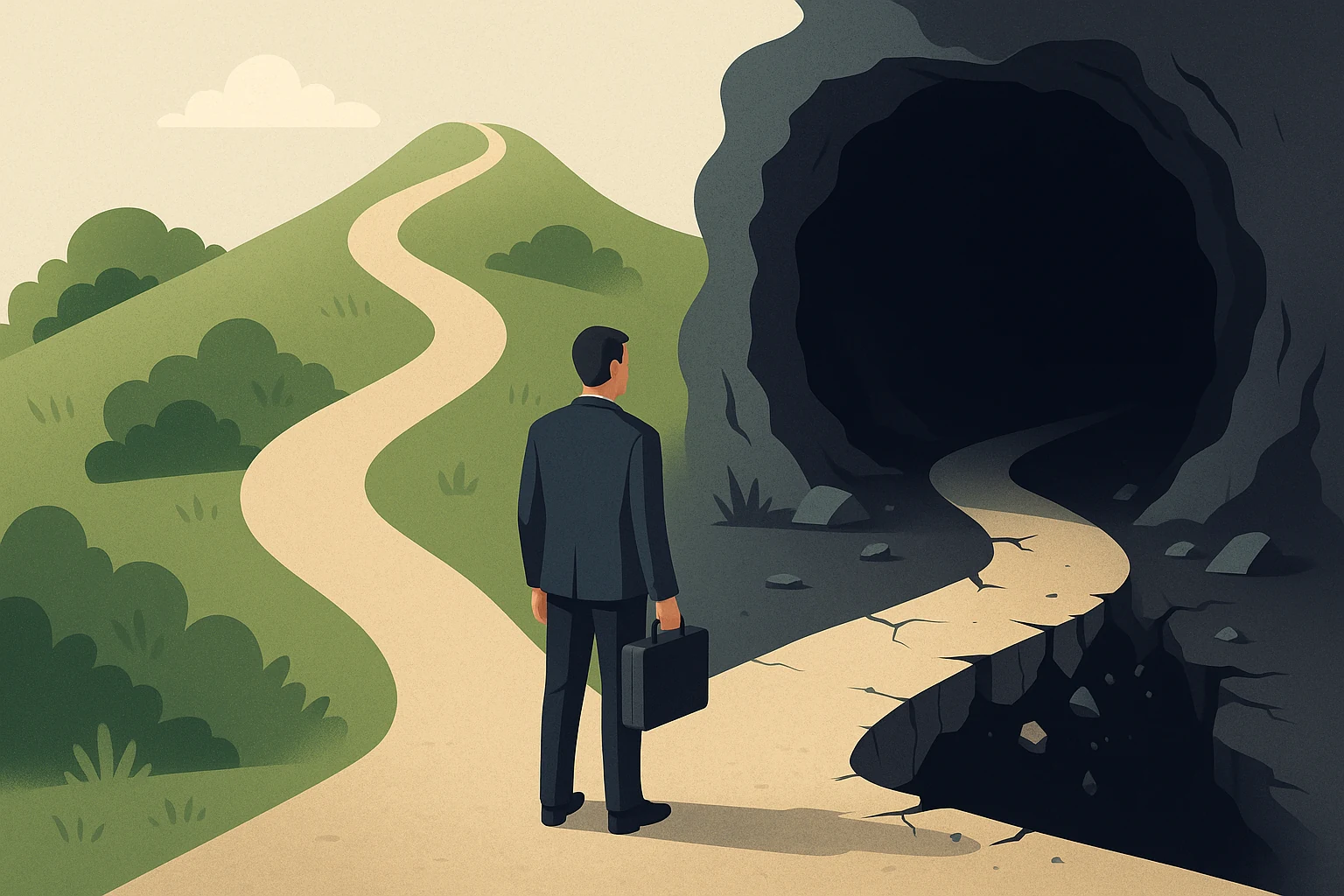 Illustration of a person standing at a crossroads. One path is a winding, stable road labeled 'Organic Growth'. The other is a seemingly direct but crumbling, unstable path labeled 'Buy Account', leading into an uncertain area. The person looks hesitant.