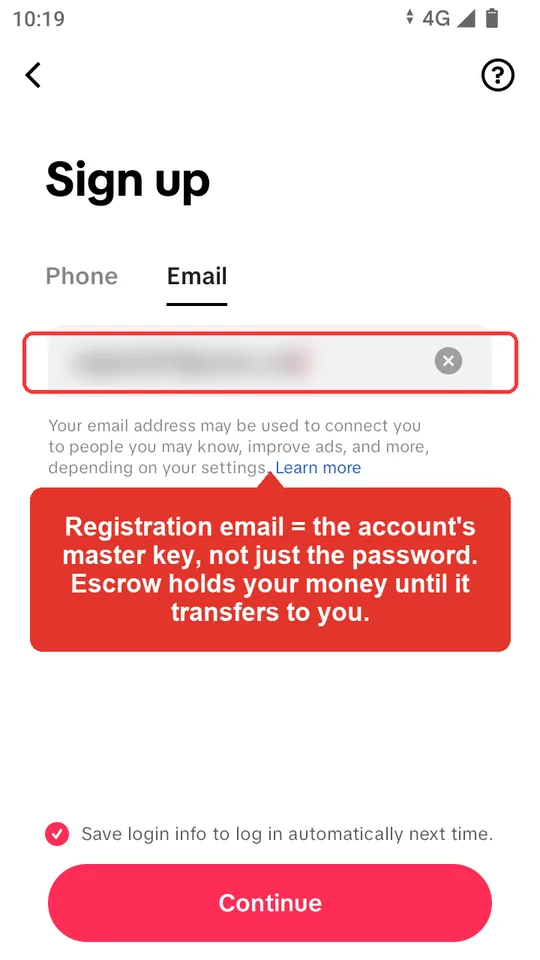 TikTok sign-up email field with the registration email highlighted — an account's master recovery key that escrow should confirm transferred before releasing payment