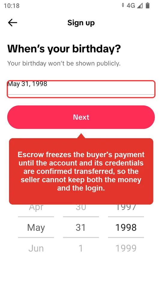 Account handover under escrow protection: buyer sends payment to platform, seller delivers credentials, and funds are held until transfer is confirmed